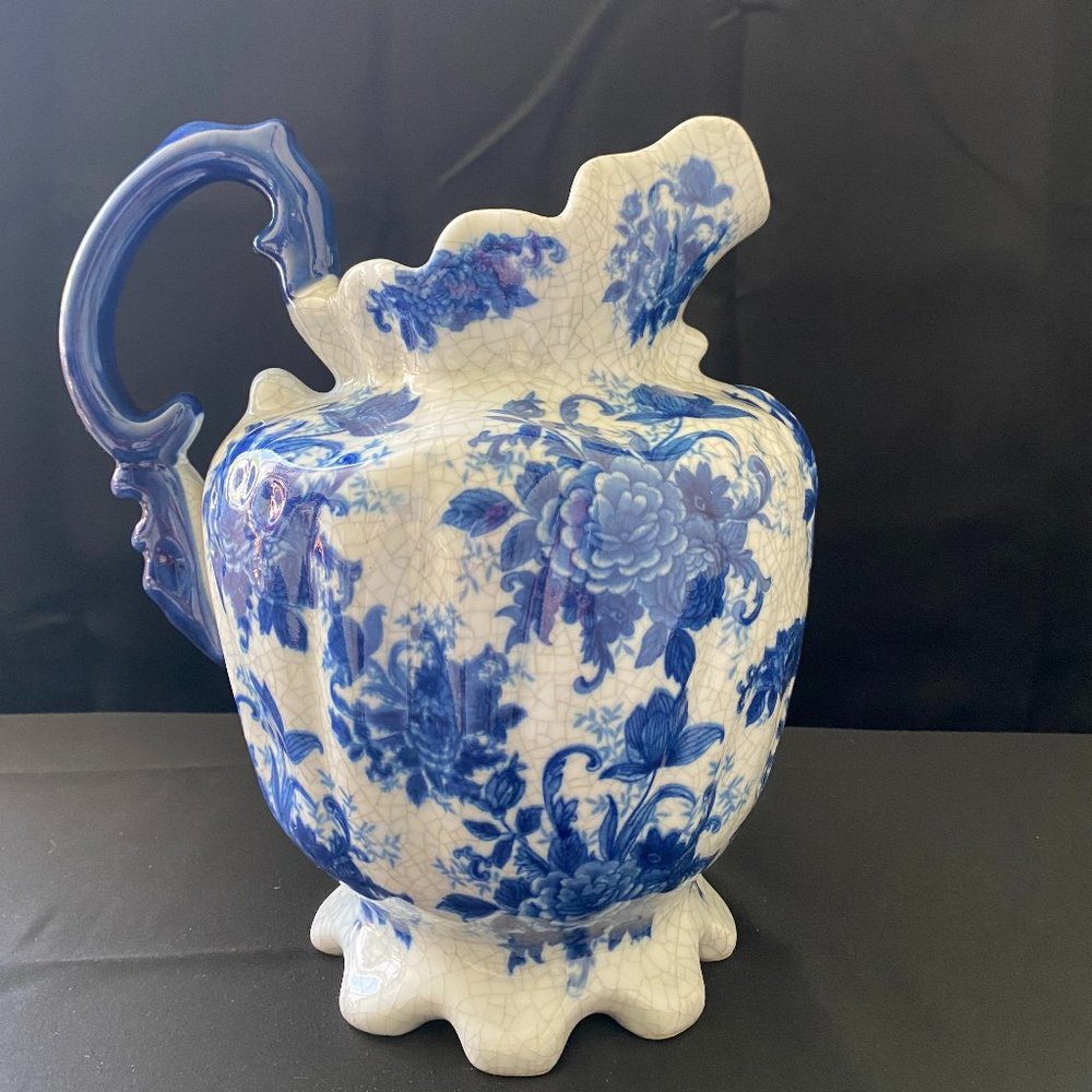 Vintage The Bombay Company Large Blue & White Floral Ceramic Crackle Pitcher